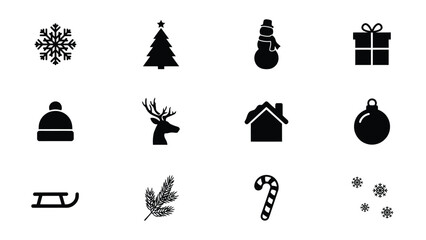 Fototapeta premium Black and white winter holiday icons arranged in a clean grid layout with holiday symbols structured collection simple black structured four three