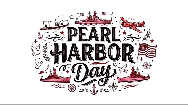 National Pearl Harbor Remembrance Day lettering banner with hand drawn historical warships military airplanes and patriotic american flag doodles
