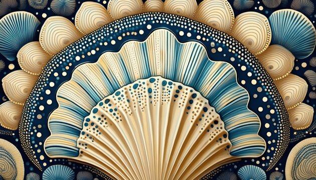 decorative seashell pattern with dots in blue and cream colors