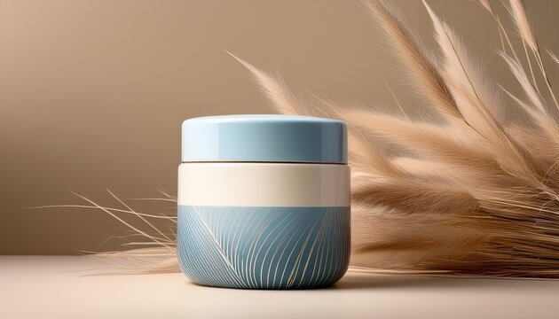 generic unbranded ceramic cosmetic jar in blue nude and white layered design on neutral beige background with dried grass