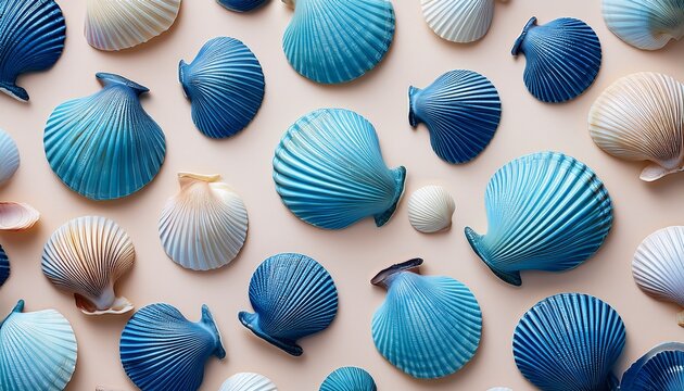 seamless blue seashell pattern on soft beige coastal background