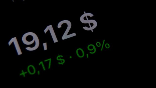 Dark close view of financial numbers and symbols on black screen, with white dollar digits, green percentage figures, and red green streaks creating volatile market feel, high contrast, soft glow