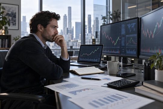 Finanzanalyst &uuml;berwacht B&ouml;rsencharts und Marktdaten an mehreren Bildschirmen im modernen B&uuml;ro
