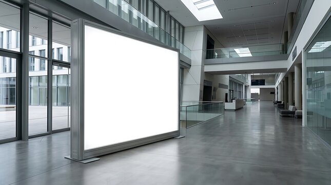 Large blank illuminated advertising lightbox mockup in modern office building lobby interior