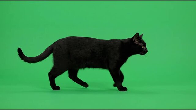 Elegant Black Cat Walking Confidently on Green Screen Background