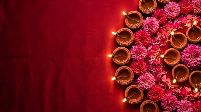 A vibrant and festive diwali celebration illuminated by the warm glow of traditional clay lamps and flowers