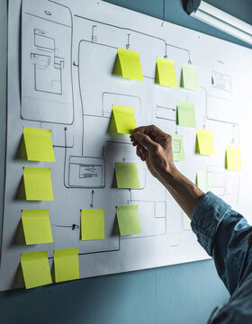 A professional hand arranges vibrant yellow sticky notes on a complex whiteboard wireframe. This strategic UX design planning evokes creativity, productivity, and structured innovation in teamwork.