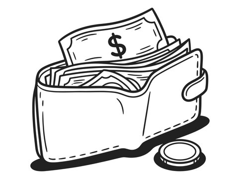 Black and white line art illustration of a leather wallet filled with paper money and a single coin nearby