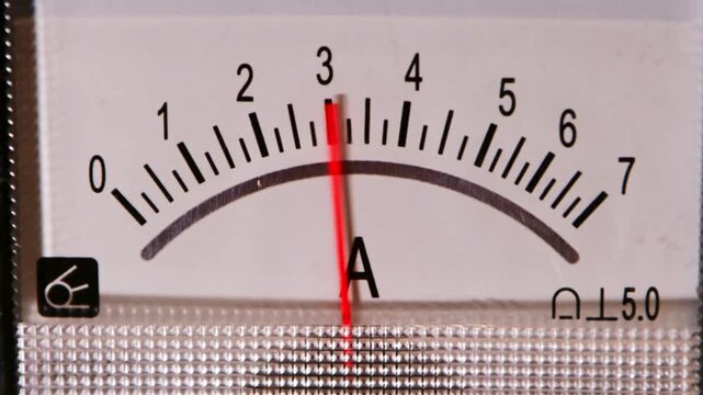 Red pointer moves from low reading toward center on close-up analog gauge with white face, black scale, metallic edge, and ribbed clear lens, with gauge, needle, meter, scale detail