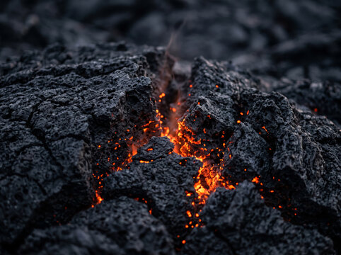 Molten Lava Magma Glowing Through Dark Basalt Volcanic Crust