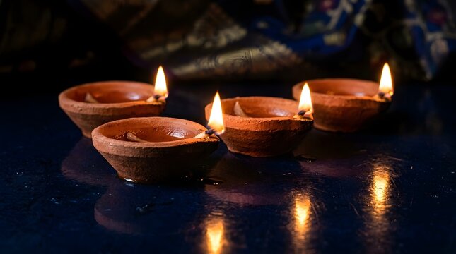 Traditional clay oil lamps glowing in the dark as a beautiful decoration for the hindu festival of diwali