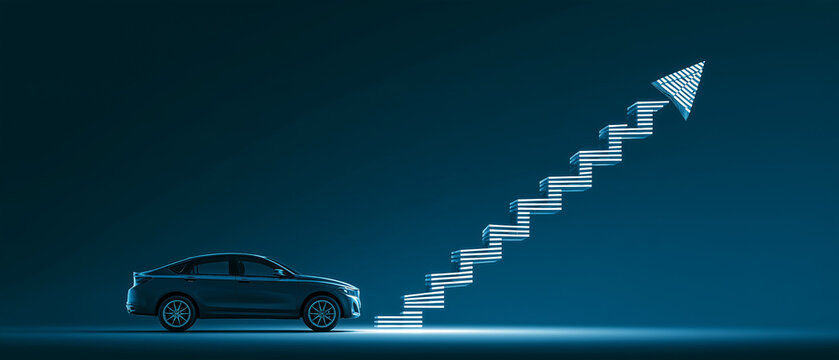 Car on Upward Staircase: A modern car ascends a luminous staircase, symbolizing progress and growth in the automotive industry.