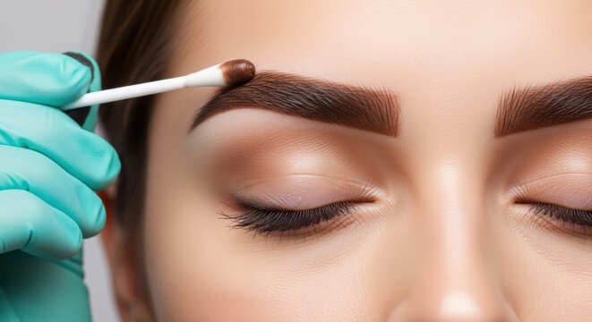 Close-up of a woman's face during an eyebrow correction or tinting procedure with a cotton swab in a beauty salon.