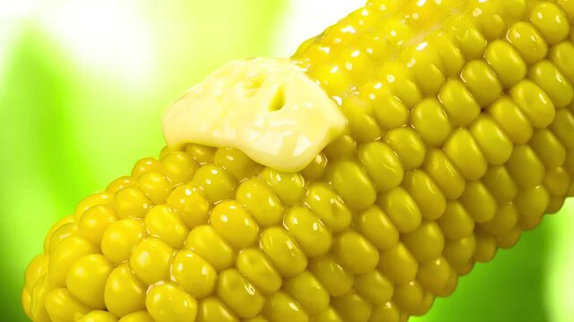 Slice of Butter Slices on Boiled Corn. A slice of Butter slowly slides down the inclined surface of hot corn