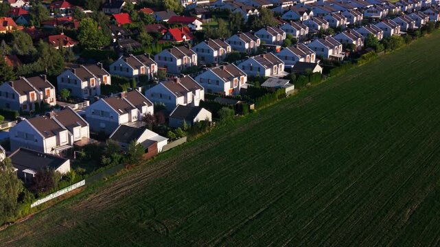 aerial view suburban houses residential neighborhood houses, showcasing an orderly modern housing development next to a lush green field under warm afternoon light