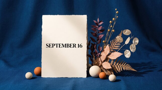 Elegant Floral Arrangement with Paper Card on Blue Background