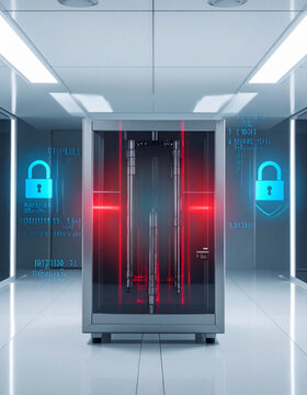 A secure server cabinet stands in a futuristic, sterile facility, no people. Glowing blue padlocks and binary code symbolize cybersecurity and data protection, evoking feelings of safety and power.