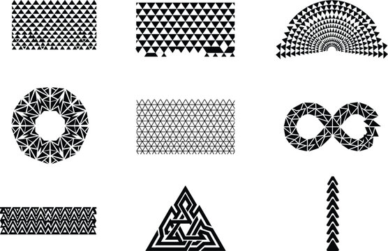 Set of black and white geometric triangle pattern shapes and decorative design elements