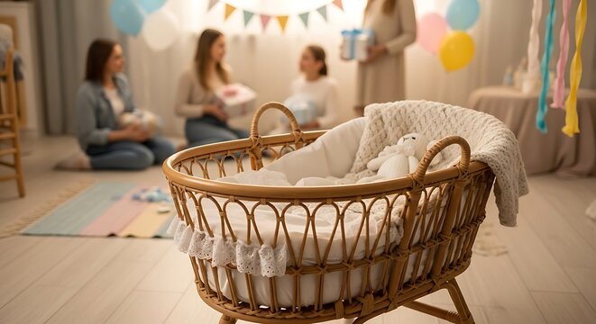 Wicker cradle placed in a room during a festive baby shower party celebration with friends gathering together to celebrate the upcoming motherhood of a pregnant woman during a joyful event