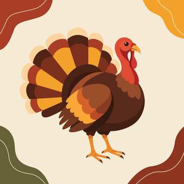 Thanksgiving Turkey Flat Vector Illustration with Autumn Decorative Border