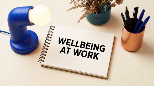 Wellbeing at work concept with office supplies and notebook
