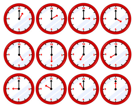  Analog Clock Illustration Set Showing Different Times