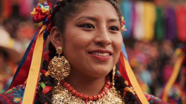 Close up of a smiling Mexican woman wearing traditional indigenous clothing and gold jewelry during the Guelaguetza festival performance in Oaxaca Mexico with colorful embroidery