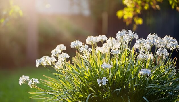 native australian dianella grass with flowers plant outdoor in a sunny backyard