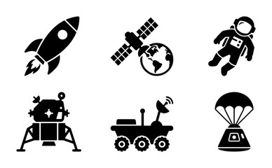 Space Exploration Icons: Rocket, Astronaut, Satellite, Rover, Lander, Capsule Set © Yasmin