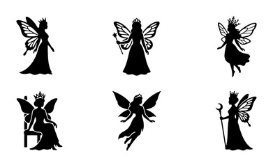 Fototapeta premium Fairy Silhouettes Collection, Magical Fantasy Figures, Enchanted Beings, Vector Graphics Set