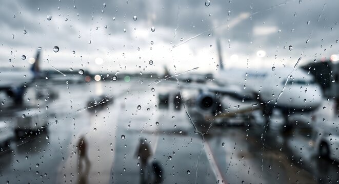 Airport terminal window with rain droplets showing airplanes on tarmac blurry during overcast weather.