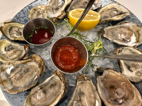 Plate with fresh open oysters on ice