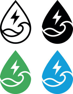 Set of four water drop icons featuring a lightning bolt and wave symbol for renewable energy concepts