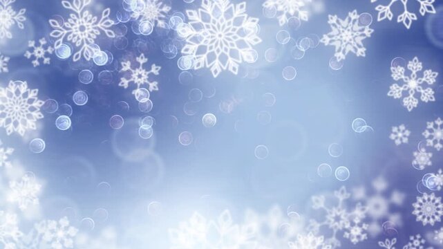 Animated video of snowy gradient winter blue sky background Moving rotating defocused sparkling snowflakes forming festive frame on sides Copy space Christmas Xmas holiday loop 4k resolution animation