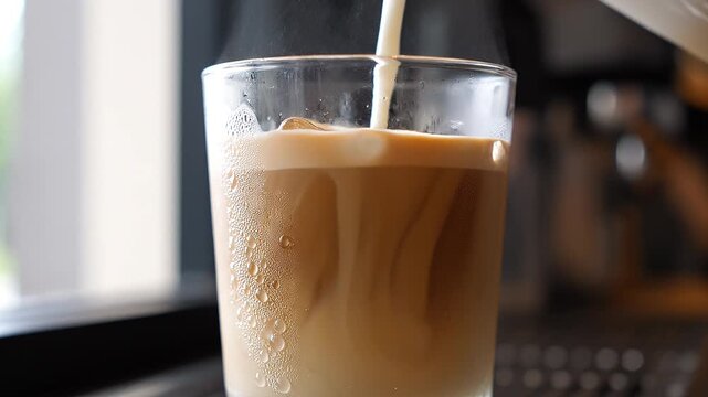 A glass of iced coffee with a white straw sits on a table.