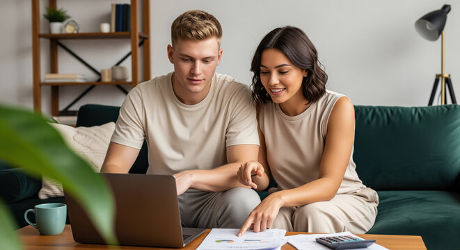 Savings couple calculating family expenses and savings together centers saving decisions on responsible money management at home and everyday choices, adding a realistic sense of family budgeting