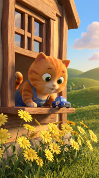 Cute cartoon cat playing with toy car in sunny countryside