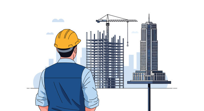 Professional construction engineer wearing a yellow safety helmet looking at a modern skyscraper under construction.