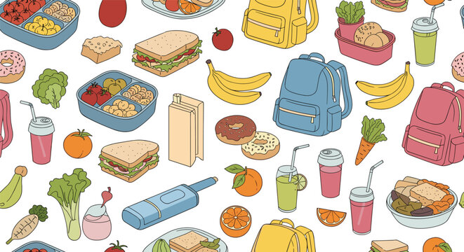 Colorful seamless pattern featuring school lunchboxes, healthy snacks, juice cartons, backpacks, and fresh fruits.