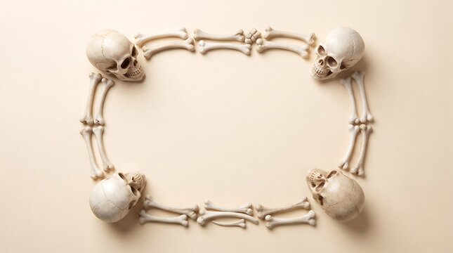 Human skull and bone frame on beige background, spooky halloween border with skeletal remains, macabre anatomy composition for gothic design