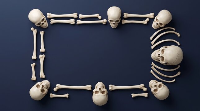 Halloween skull and bone border, spooky skeleton frame on dark blue background, anatomical bone arrangement with copy space for horror design