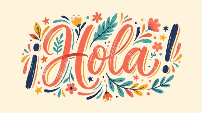 Colorful Decorative Hola Script with Flourishes Stars and Leaf Elements on Light Background Symbolizing Cheerful Spanish Greeting and Artistic Typography

