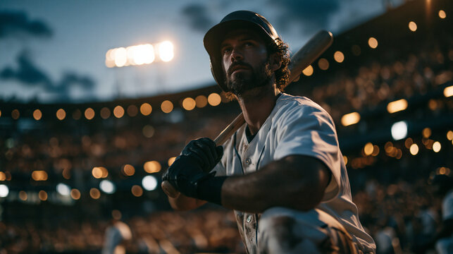 Baseball Player Holding Bat During Night Stadium Game