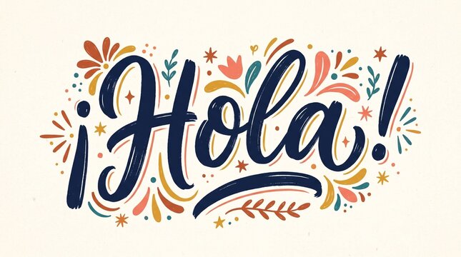 Colorful Decorative Hola Script with Flourishes Stars and Leaf Elements on Light Background Symbolizing Cheerful Spanish Greeting and Artistic Typography
