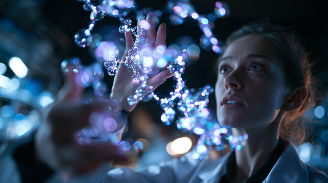 Female Scientist Interacting with Holographic Molecular Structure in Laboratory