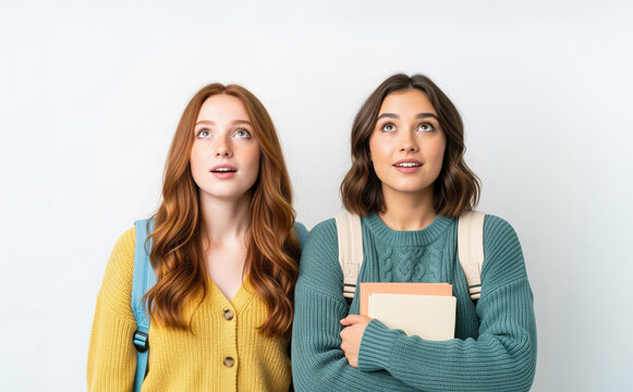 Young women consider their next steps in education as two prospective students look upward with curiosity and anticipation about university admission and the possibilities of college life