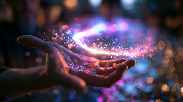 Hand Holding Swirling Glowing Magical Light Particles