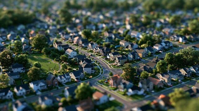 Suburban Neighborhood Miniature Tilt Shift Aerial View