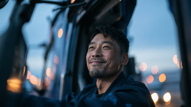 Happy Asian Truck Driver Smiling Inside Cabin at Dusk