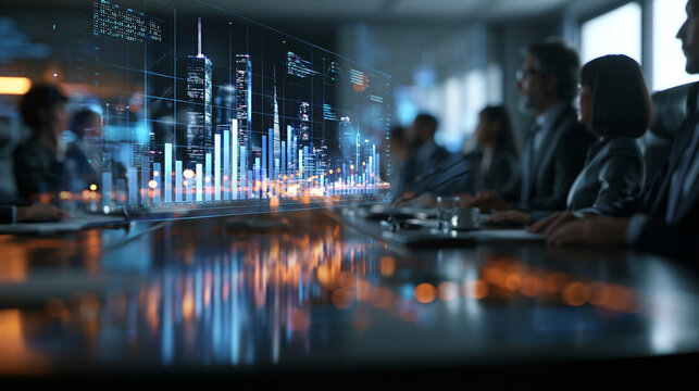 Business Team Analyzing Futuristic Digital Data in Boardroom